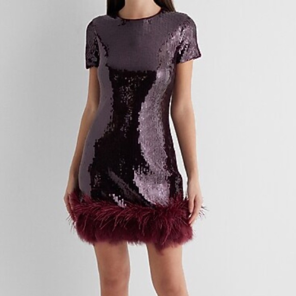 NWT express burgundy sequin feather trim
Mini dress XL $260 - Picture 6 of 9